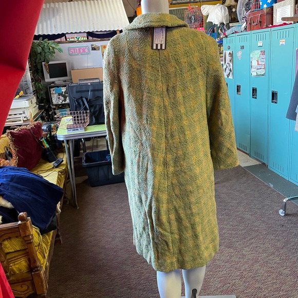 Vintage 50s 60s Green Orange Plaid Tweed Coat Size M Plastic Buttons Mid Century - Picture 3 of 6